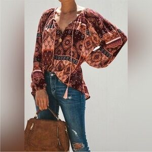 Vici Women's Floral Peasant Blouse - Brown and Pink